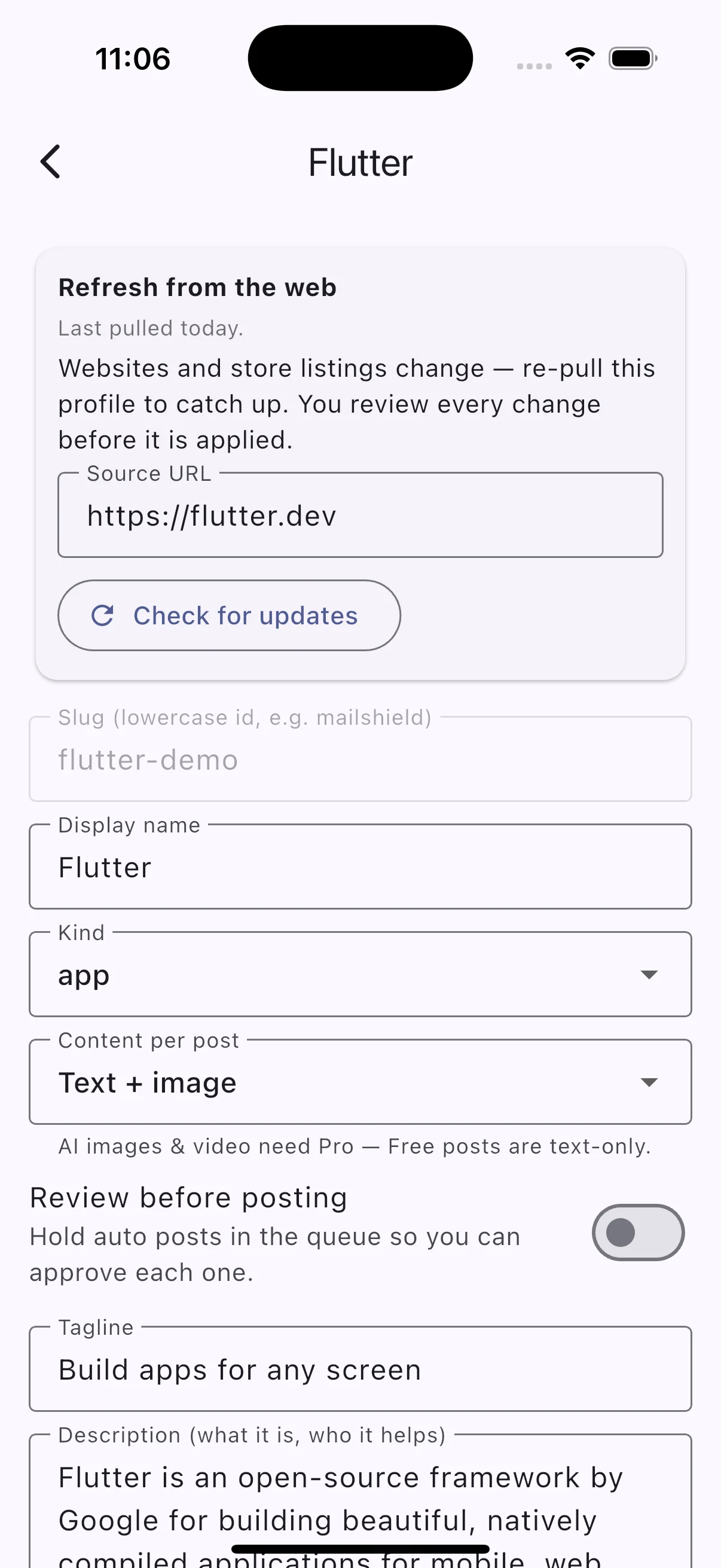 BrandLoop brand setup screen — a brand profile pre-filled automatically from a pasted URL (a public demo site), with display name, kind, content type, tagline and description ready to review