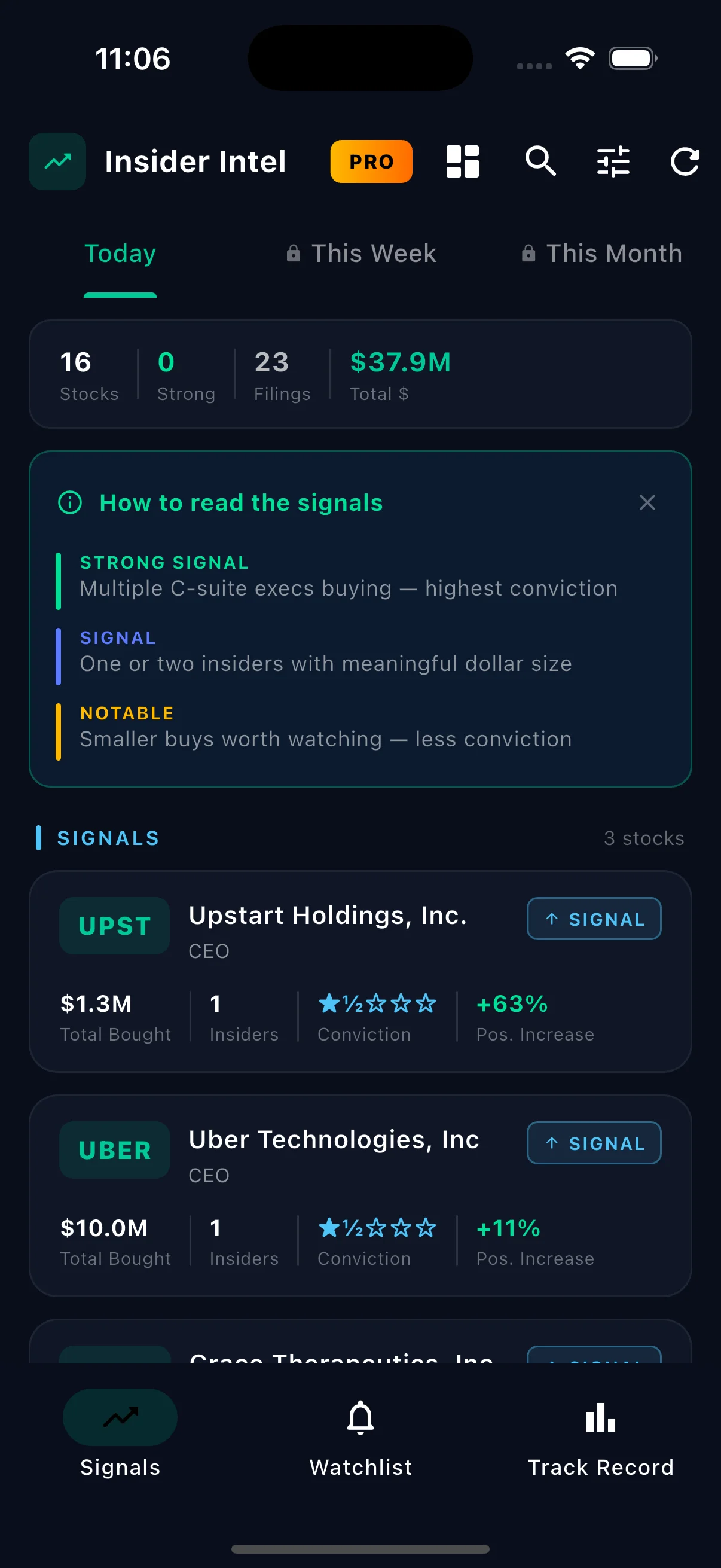 C-Suite Buys Today tab showing real insider-buy signals for Upstart Holdings and Uber Technologies, with conviction scores and position-increase percentages
