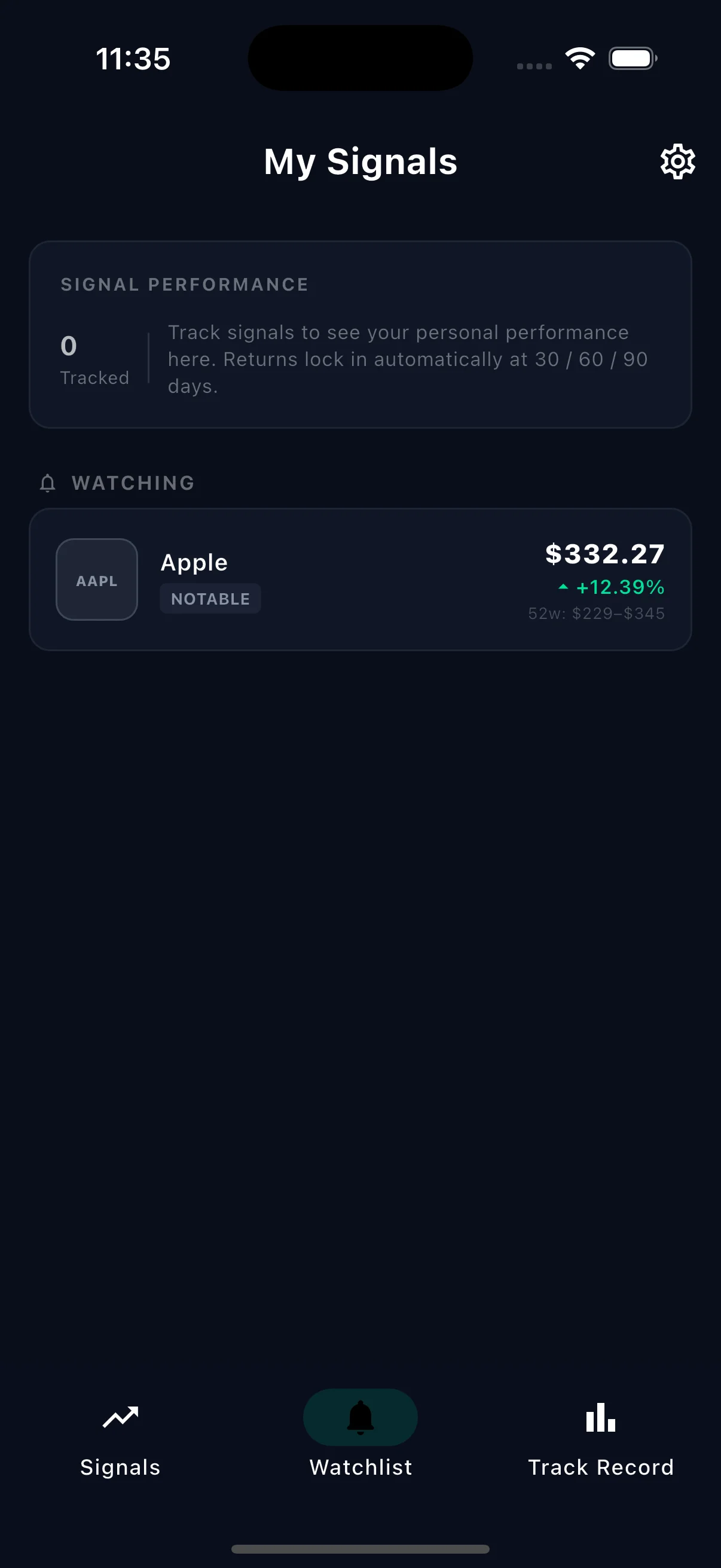 C-Suite Buys Watchlist tab tracking Apple (AAPL) with live price $332.27, up 12.39%, tagged Notable