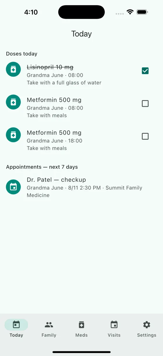 CareLoop Today screen — today's doses checked off and the next family appointment
