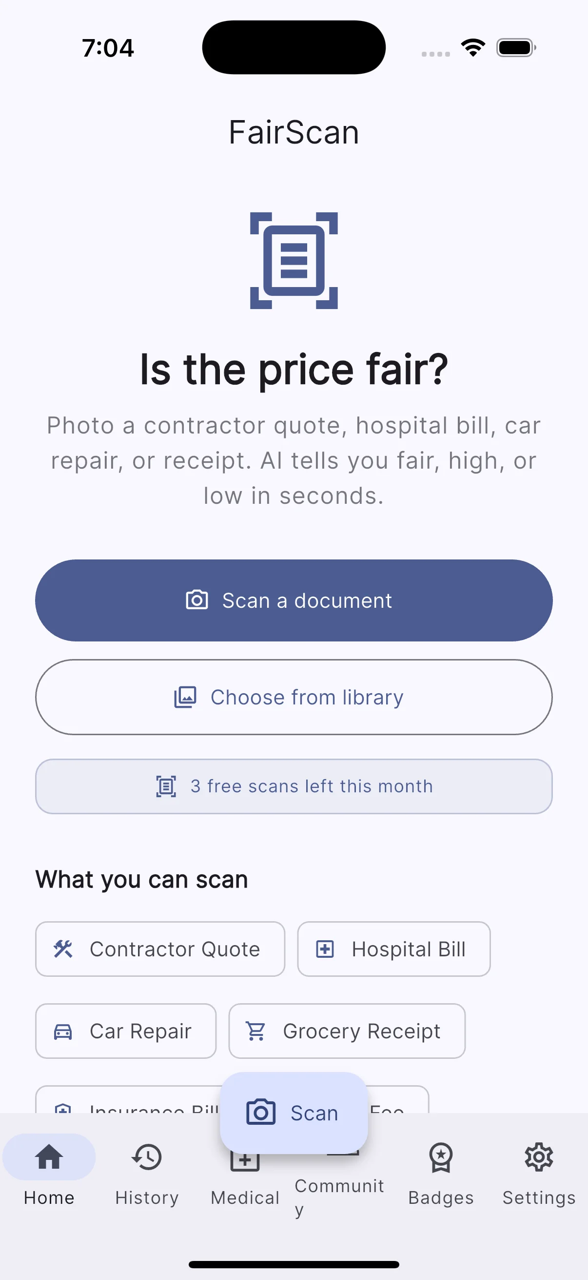 FairScan home screen — "Is the price fair?" scan-a-bill prompt with Scan a document, Choose from library, and the What you can scan category list