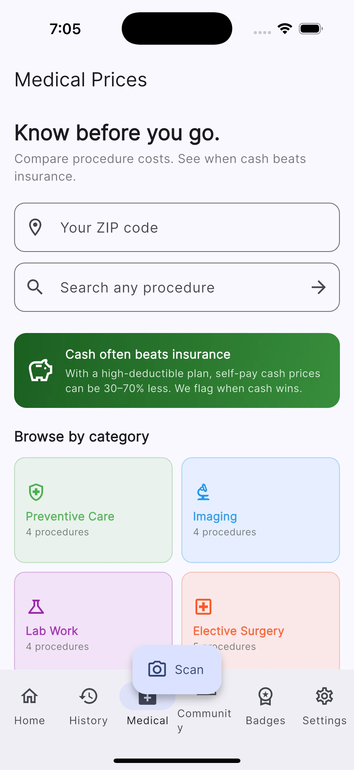 FairScan Medical Prices screen — ZIP code and procedure search, a "cash often beats insurance" tip, and browse-by-category cards for Preventive Care, Imaging, Lab Work, and Elective Surgery