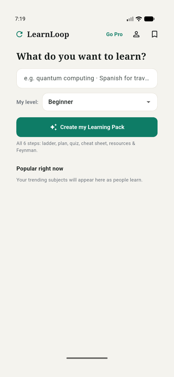 LearnLoop home screen — type any subject to generate a learning pack