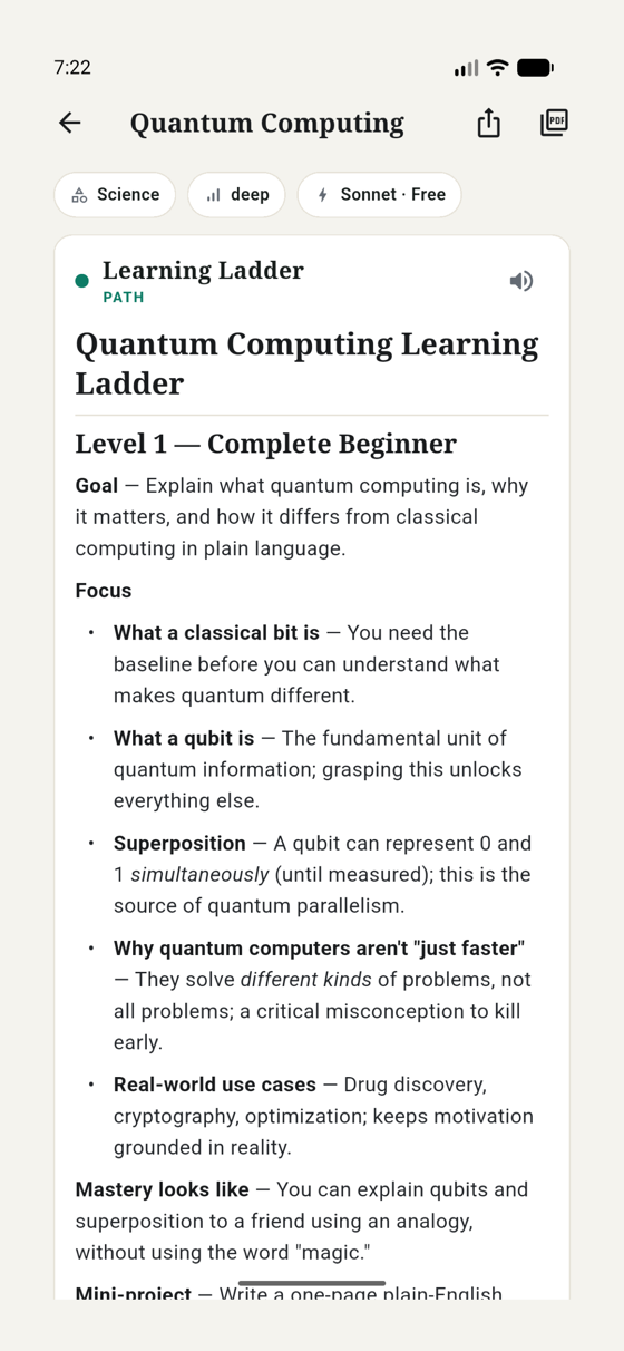 A generated Learning Pack showing the Quantum Computing Learning Ladder, level one for complete beginners