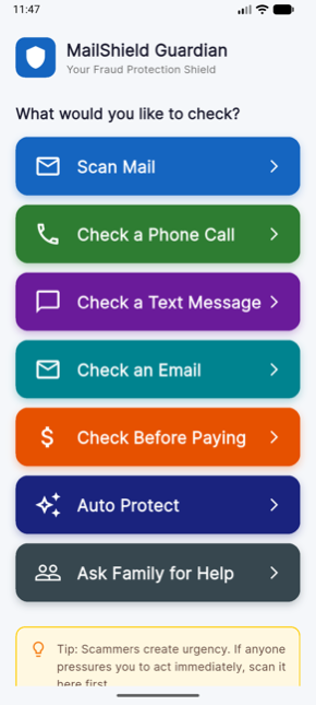 MailShield Guardian home screen — choose what to check: scan mail, check a phone call, a text message, an email, or check before paying