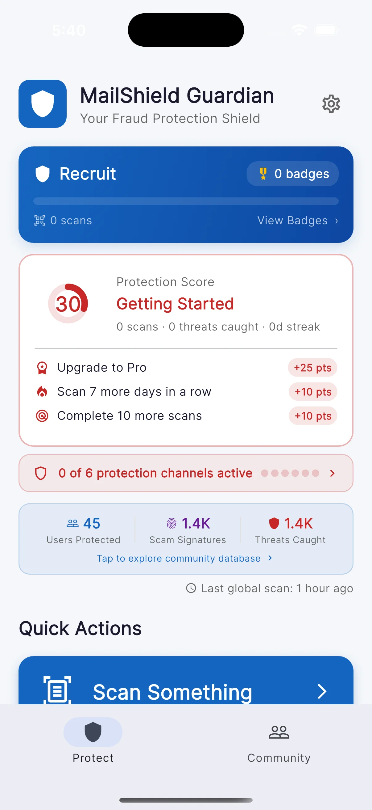 MailShield Guardian home screen — protection score, community stats (users protected, scam signatures, threats caught), and quick actions to scan mail, calls, texts, and more