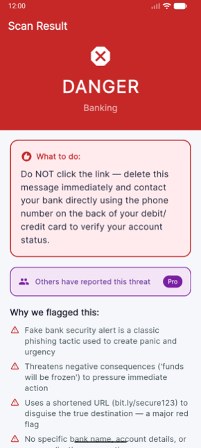 Scan result screen showing a DANGER verdict for a fake banking alert, a what-to-do card, and the community banner: others have reported this threat