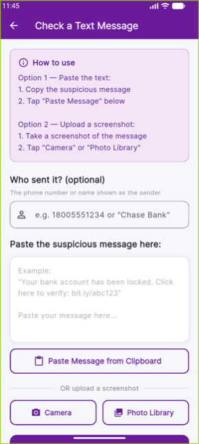 Text message checker screen — paste a suspicious text for instant analysis