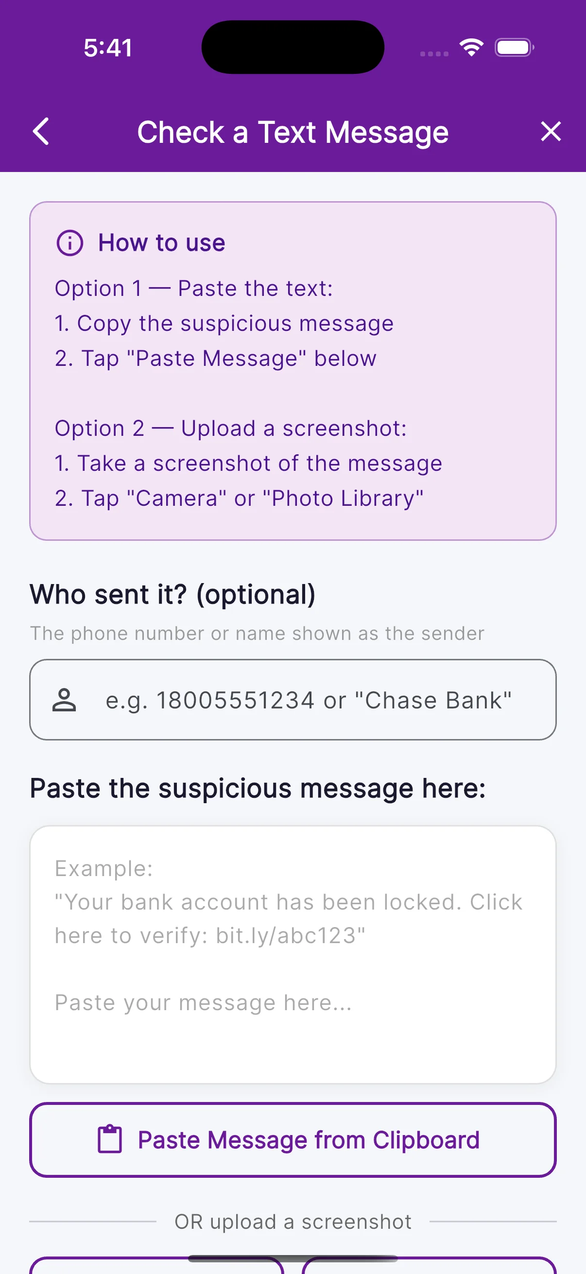 Check a Text Message screen — paste a suspicious text for instant analysis, with common text scam examples like fake bank alerts and package delivery scams