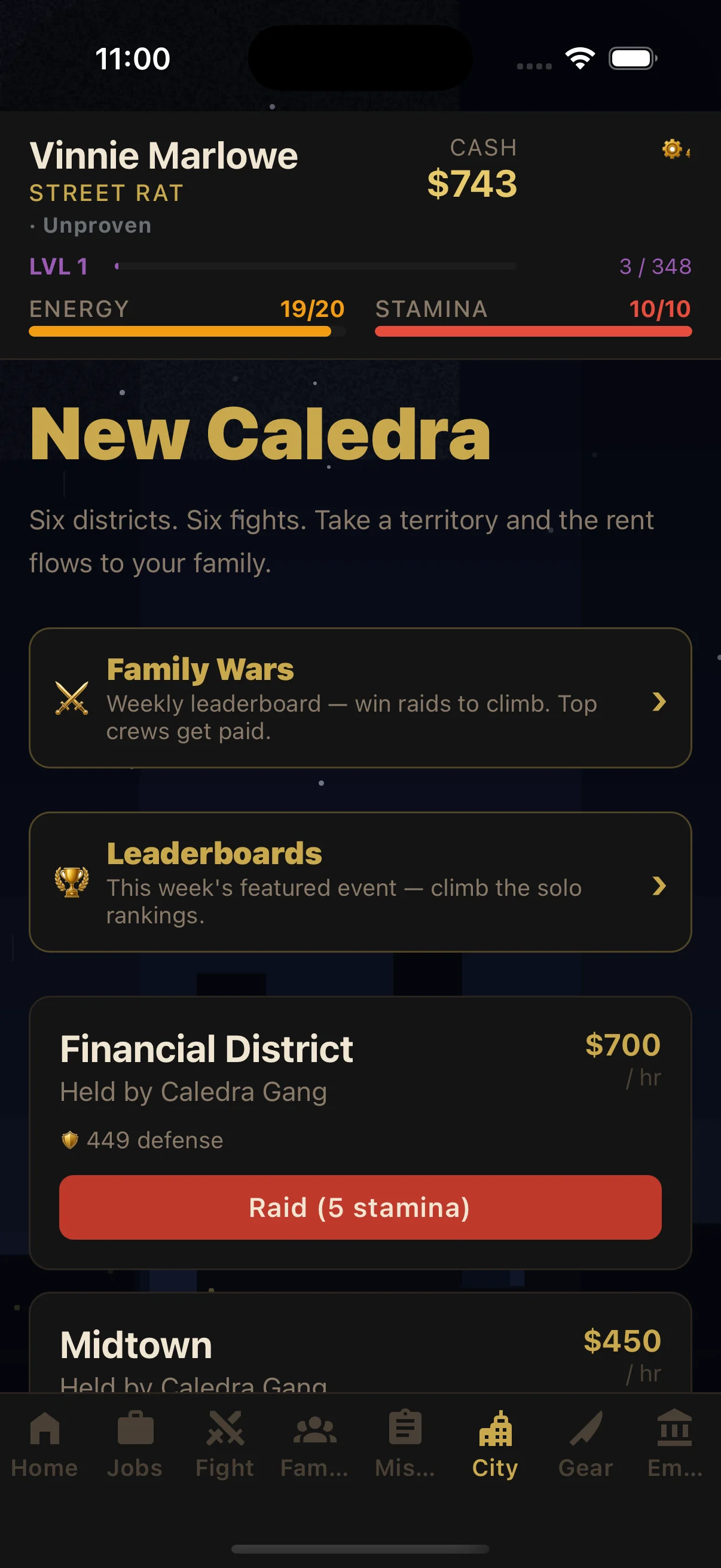 New Caledra City screen — six territories with hourly rent and defense stats (Financial District $700/hr, Midtown $450/hr), a Raid button, and weekly Family Wars and Leaderboards events