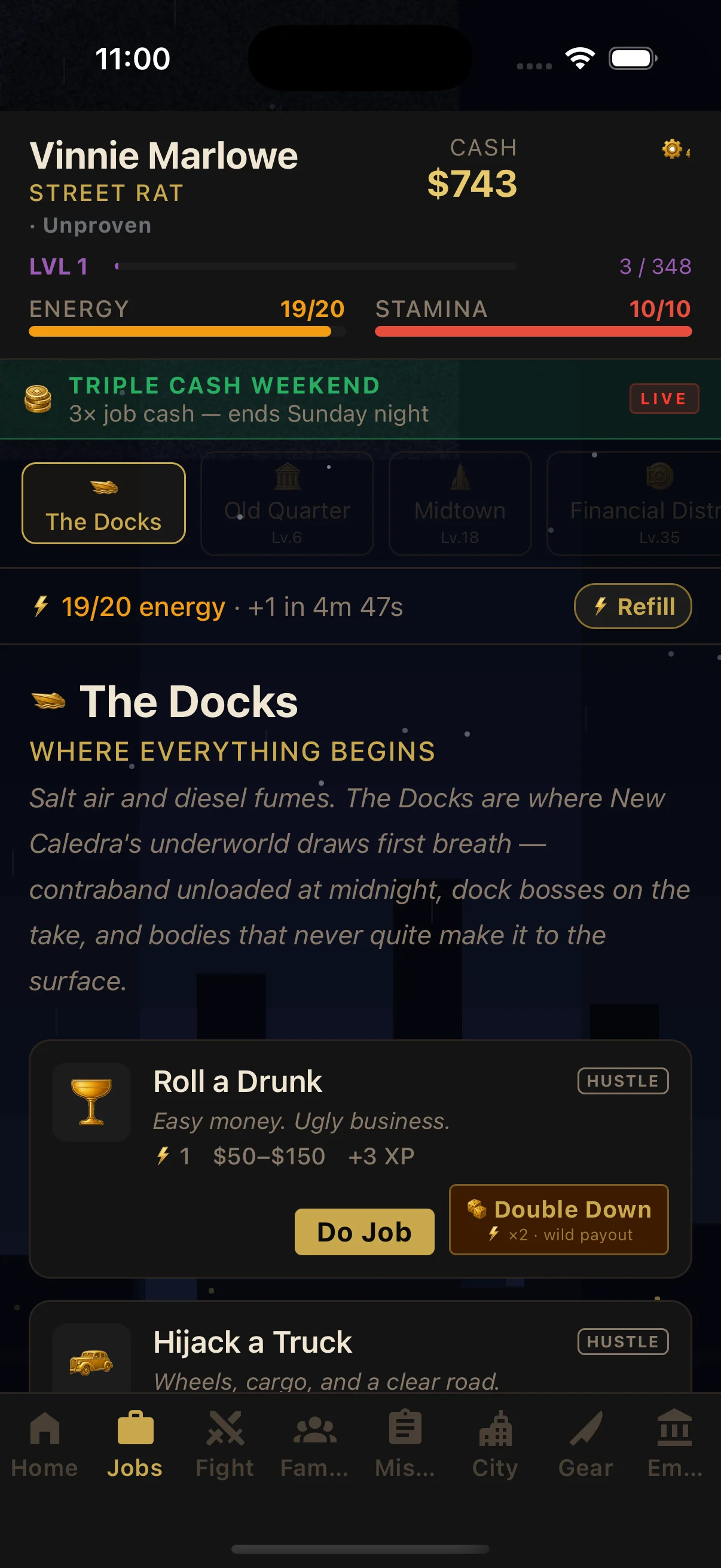 New Caledra Docks jobs screen — available hustle jobs like Roll a Drunk and Hijack a Truck, with cash/XP payouts and a Triple Cash Weekend live event banner