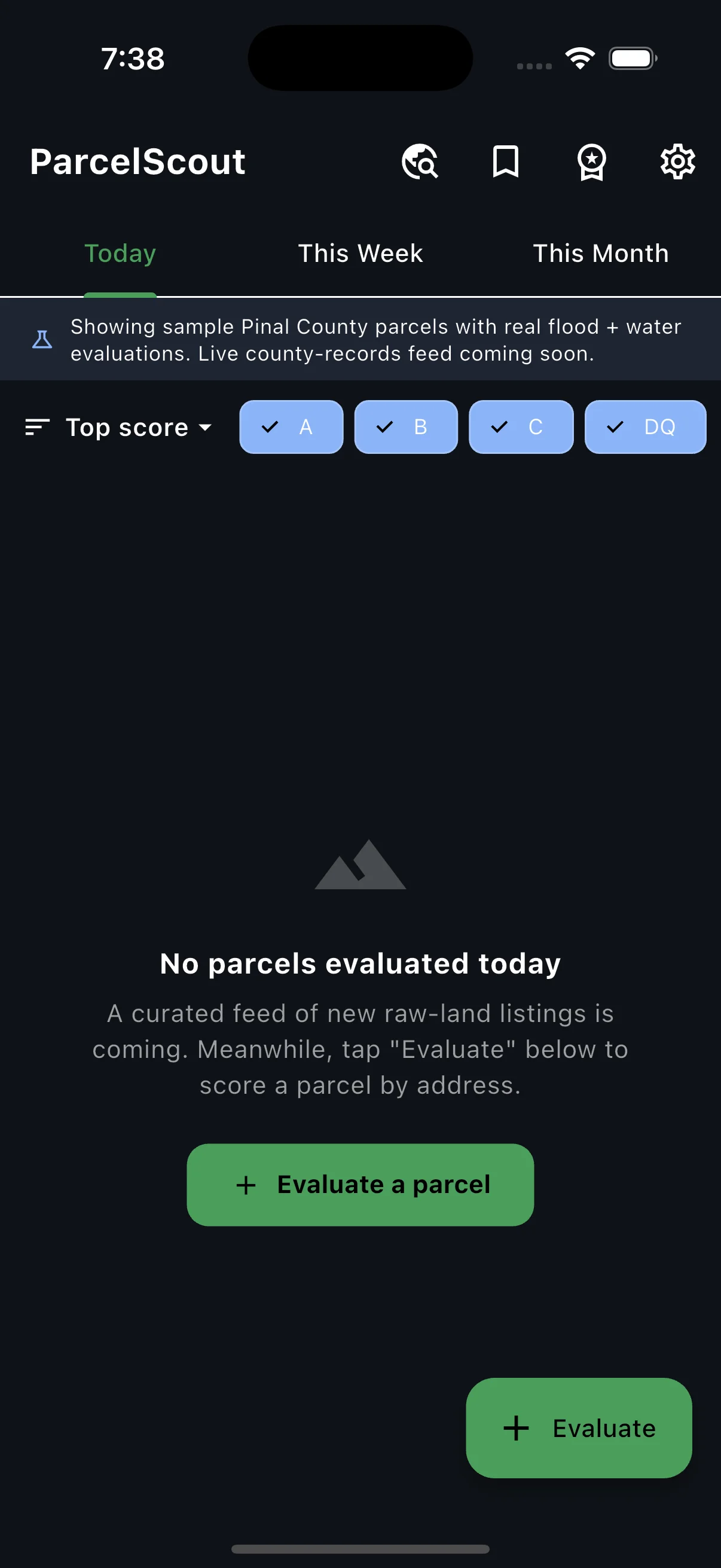 ParcelScout home screen — Today's evaluated parcels with A/B/C/DQ tier filters and an Evaluate a parcel button