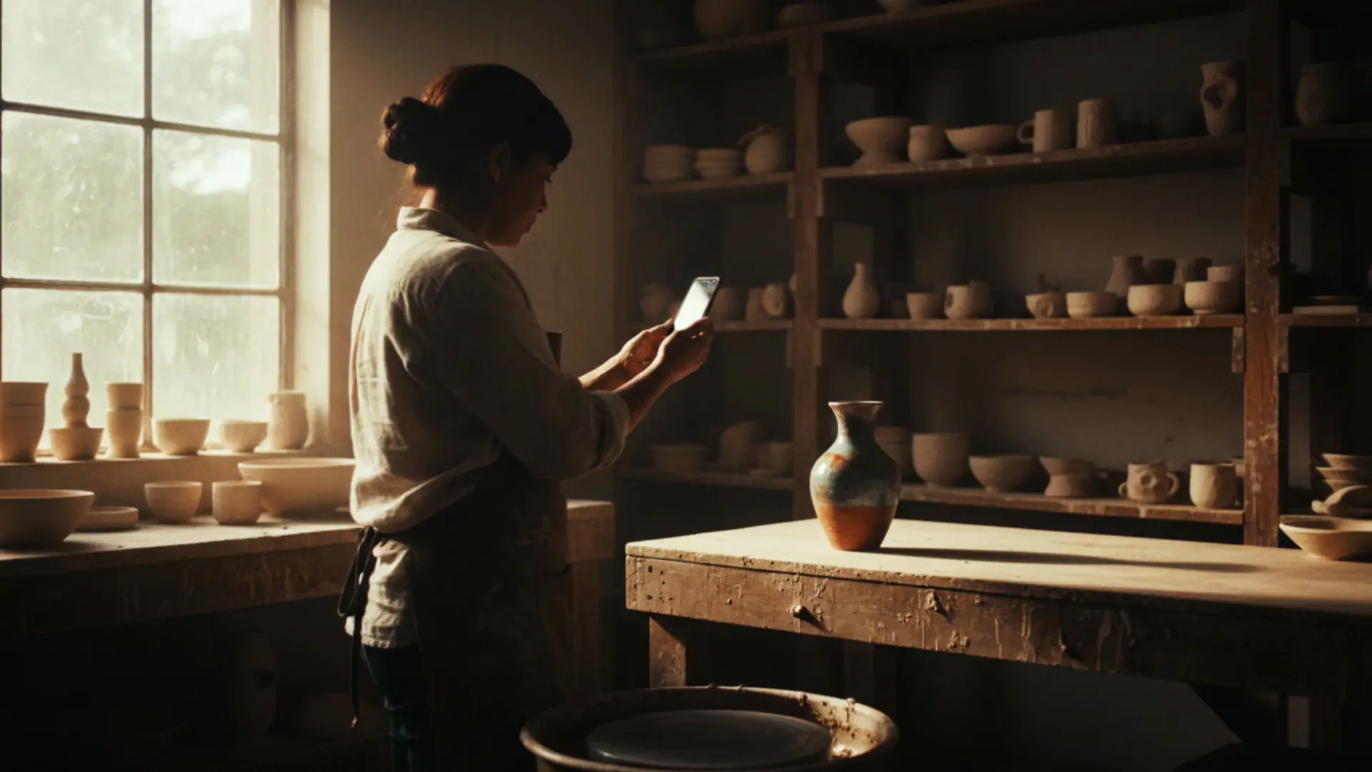 illustration: a maker in a small ceramics workshop holding up a phone toward a single finished pot on the bench