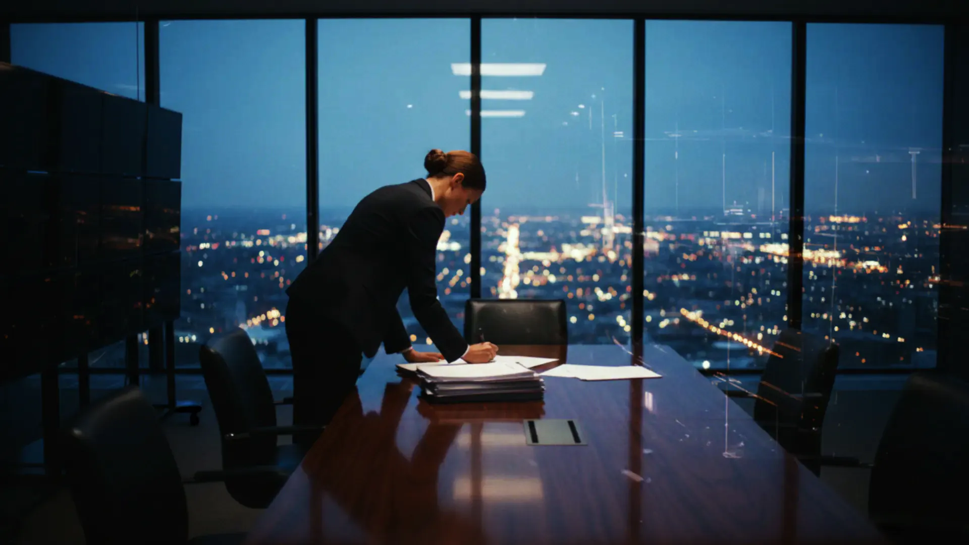 illustration: an executive signing a document at the end of a long boardroom table, city lights far below at dusk