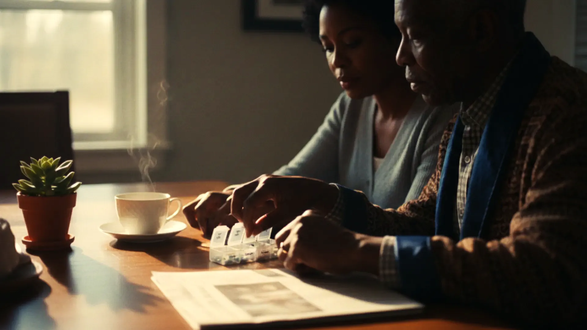 illustration: an adult daughter helping her elderly father fill a weekly pill organiser at a sunlit dining table