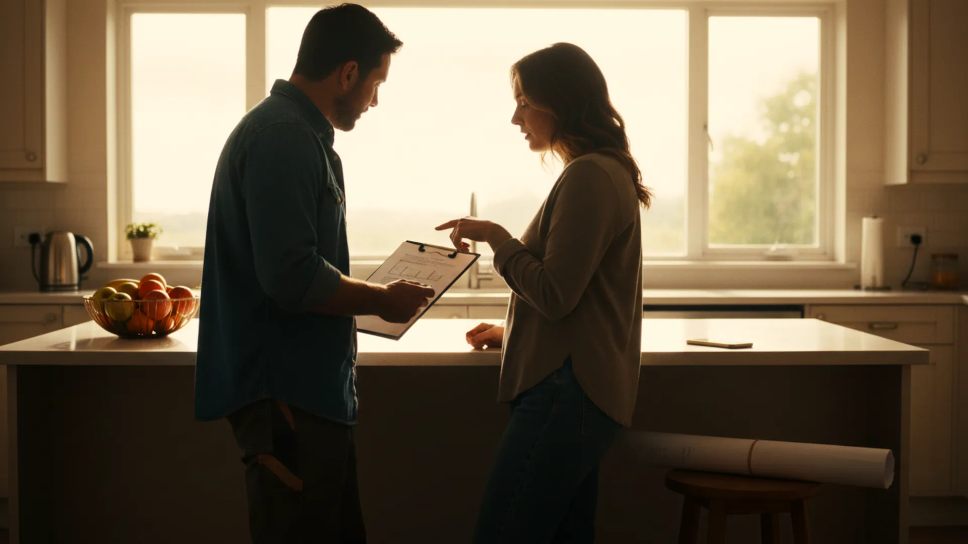 illustration: a homeowner and a contractor at a kitchen island in bright daylight, talking over a printed quote on a clipboard