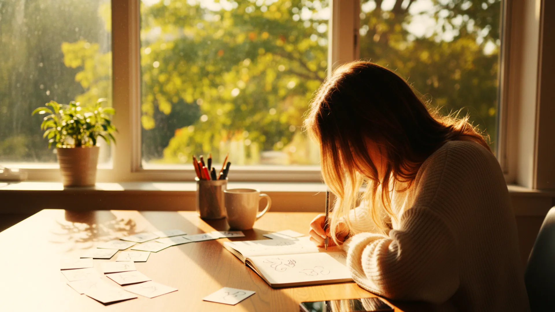 illustration: a student at a desk against a big sunny window, index cards fanned out across an open notebook in the daylight