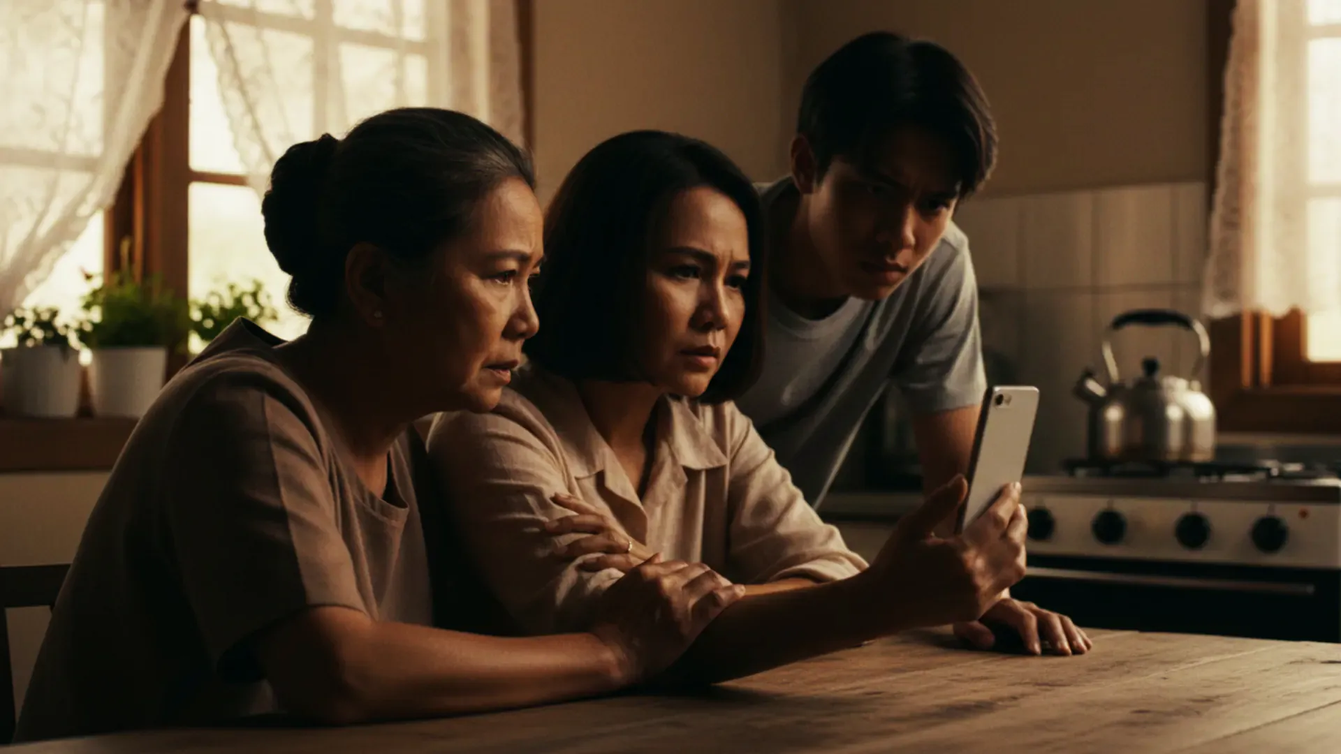illustration: three generations of a family leaning in together at a kitchen table, worried, over a phone one of them is holding