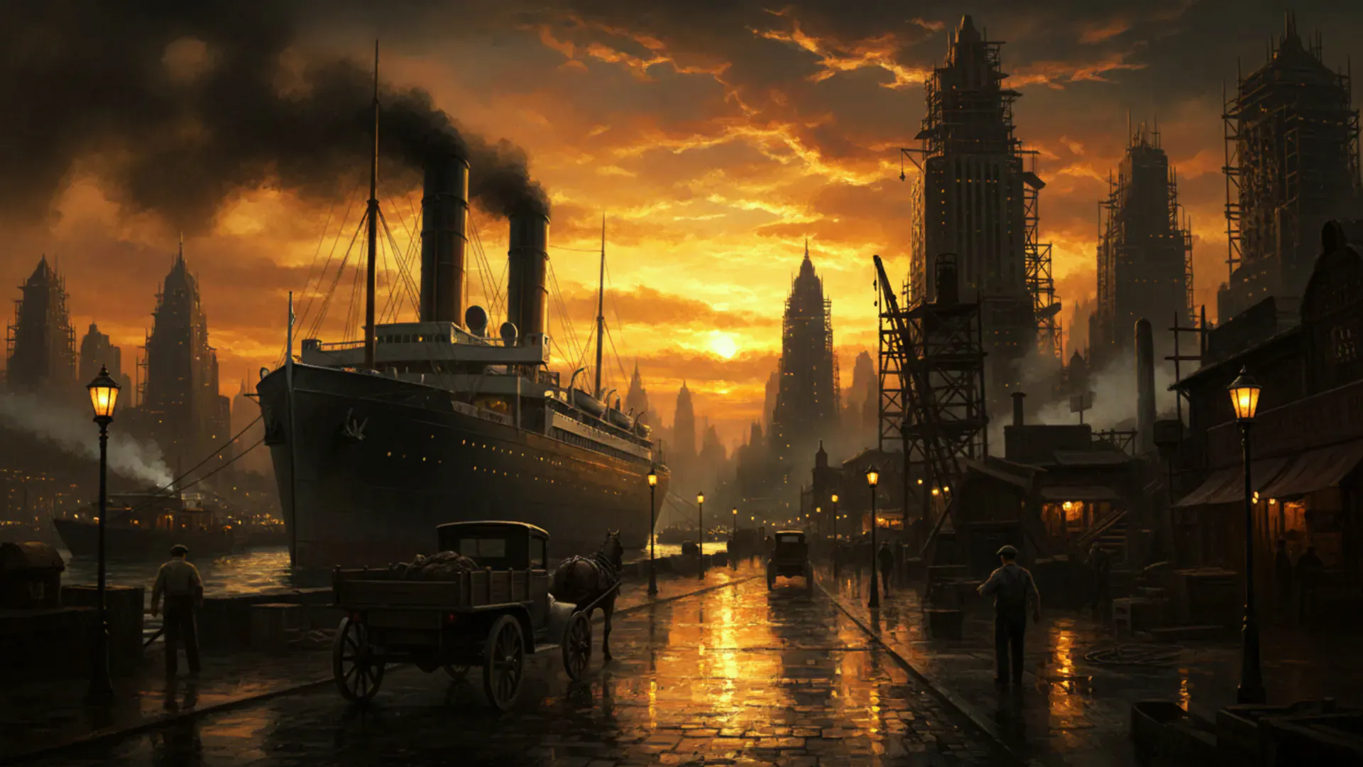 illustration: a smoky dockside city at dusk — scaffolded towers, dock cranes, a steamship at the quay and a horse cart on wet cobbles