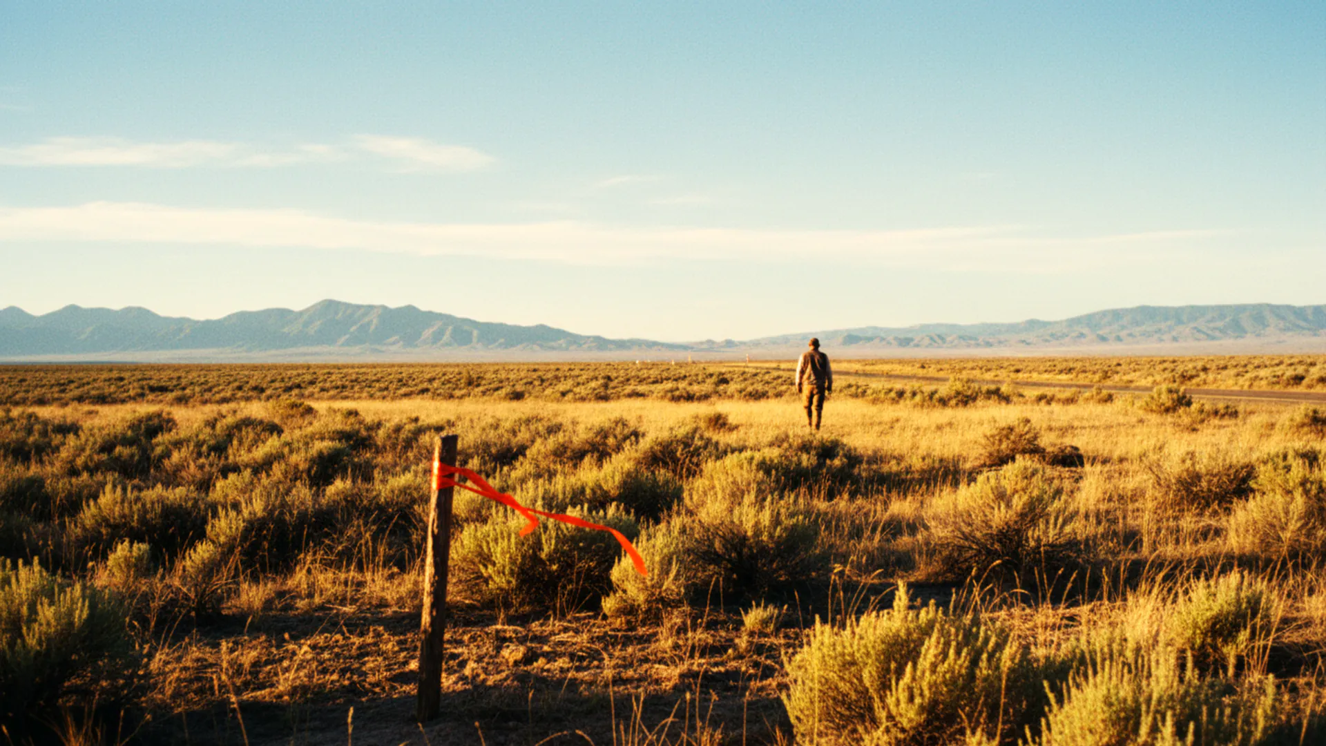 illustration: a raw high-desert parcel on a clear golden morning, a survey stake with orange flagging in the foreground and a dirt track running toward distant mountains