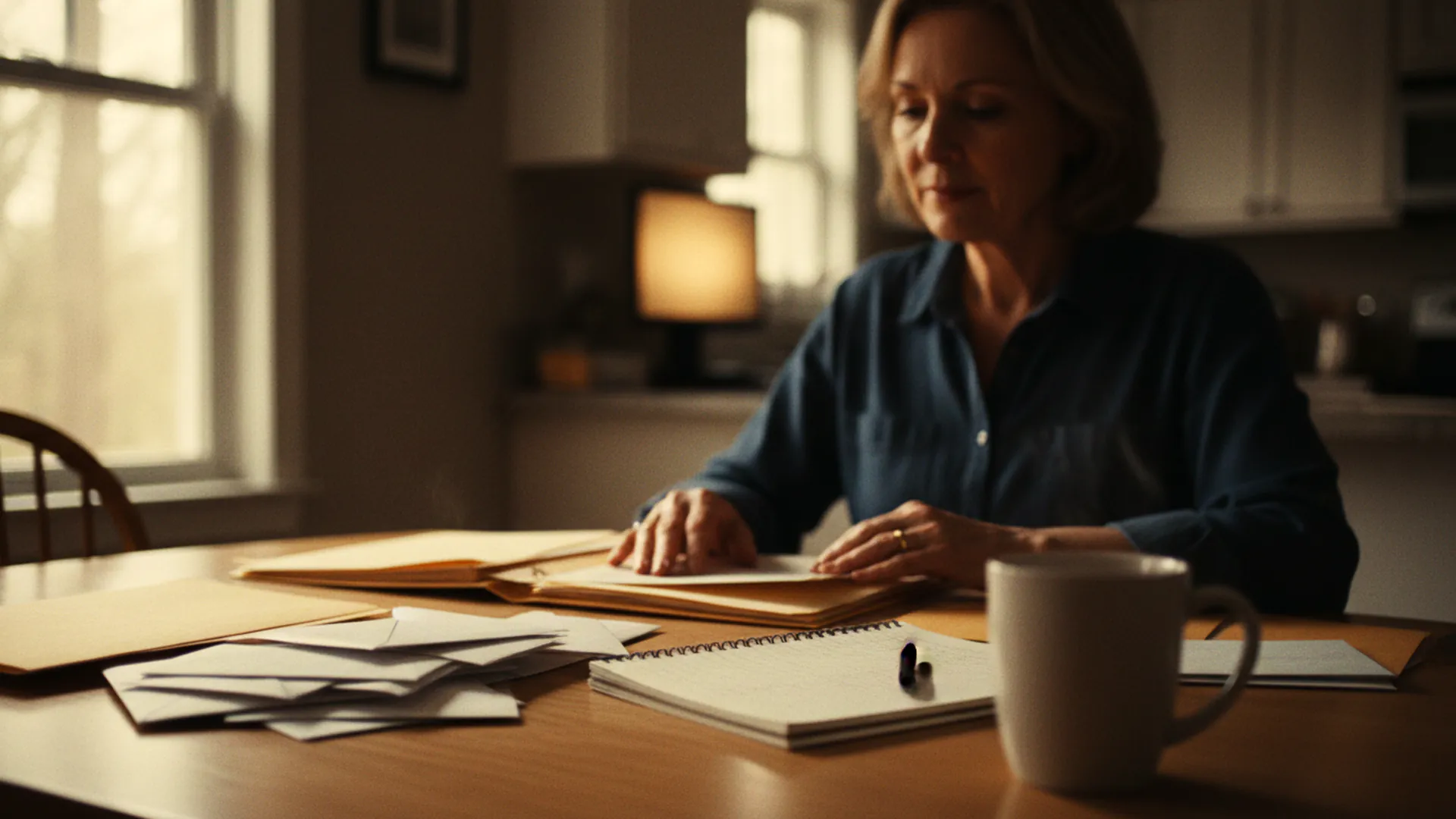 illustration: a woman at a kitchen table in soft morning light, working through a parent’s folders, opened envelopes and an open notebook