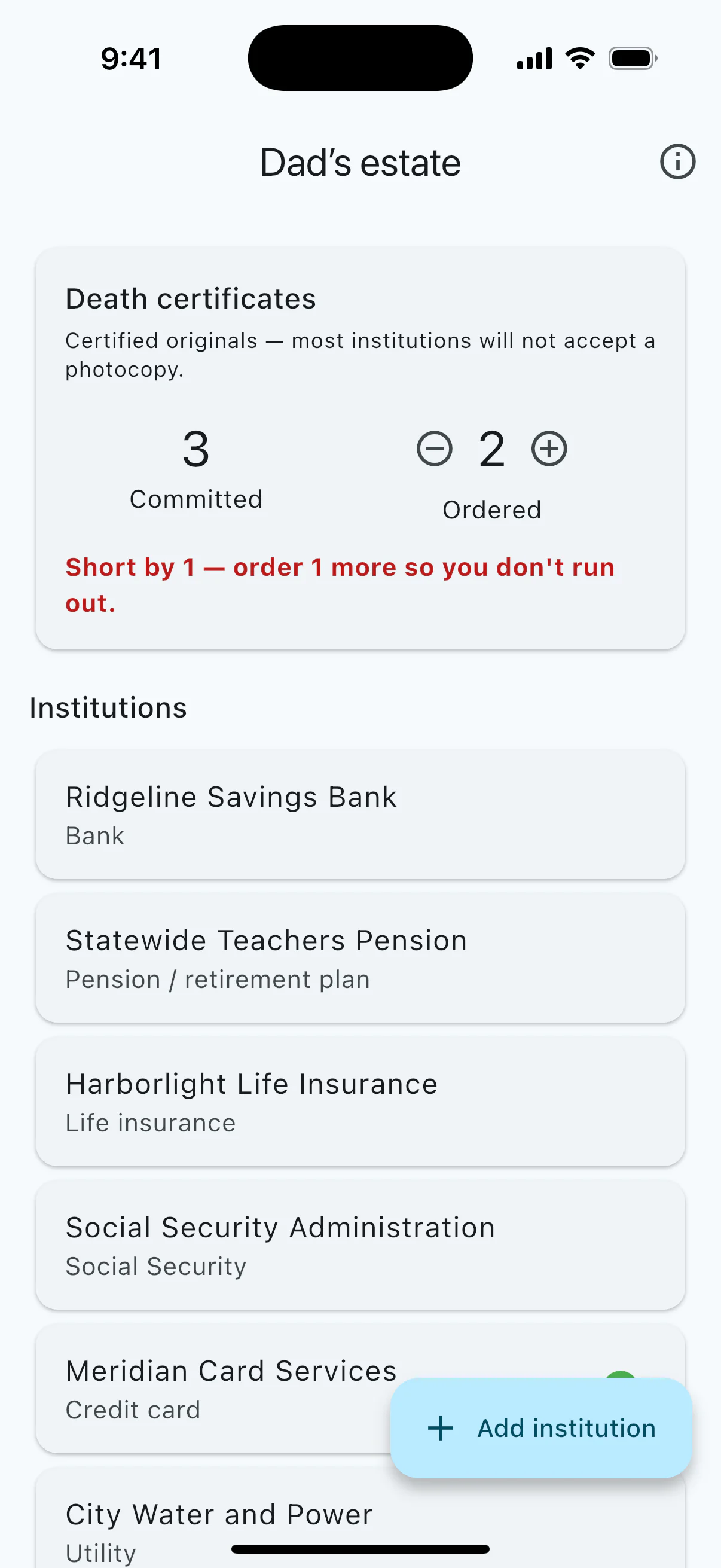 Settled project screen for a sample estate named "Dad's estate" — a death-certificate card reading 3 committed, 2 ordered and "Short by 1 — order 1 more so you don't run out", above a list of six institutions: a bank, a pension, a life insurer, Social Security, a credit card and a utility