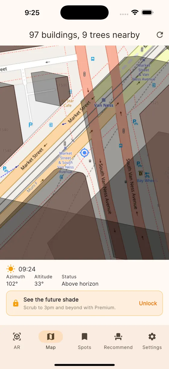 ShadeScout AR shade map screen — building shadow overlay near a street intersection, with sun azimuth and altitude